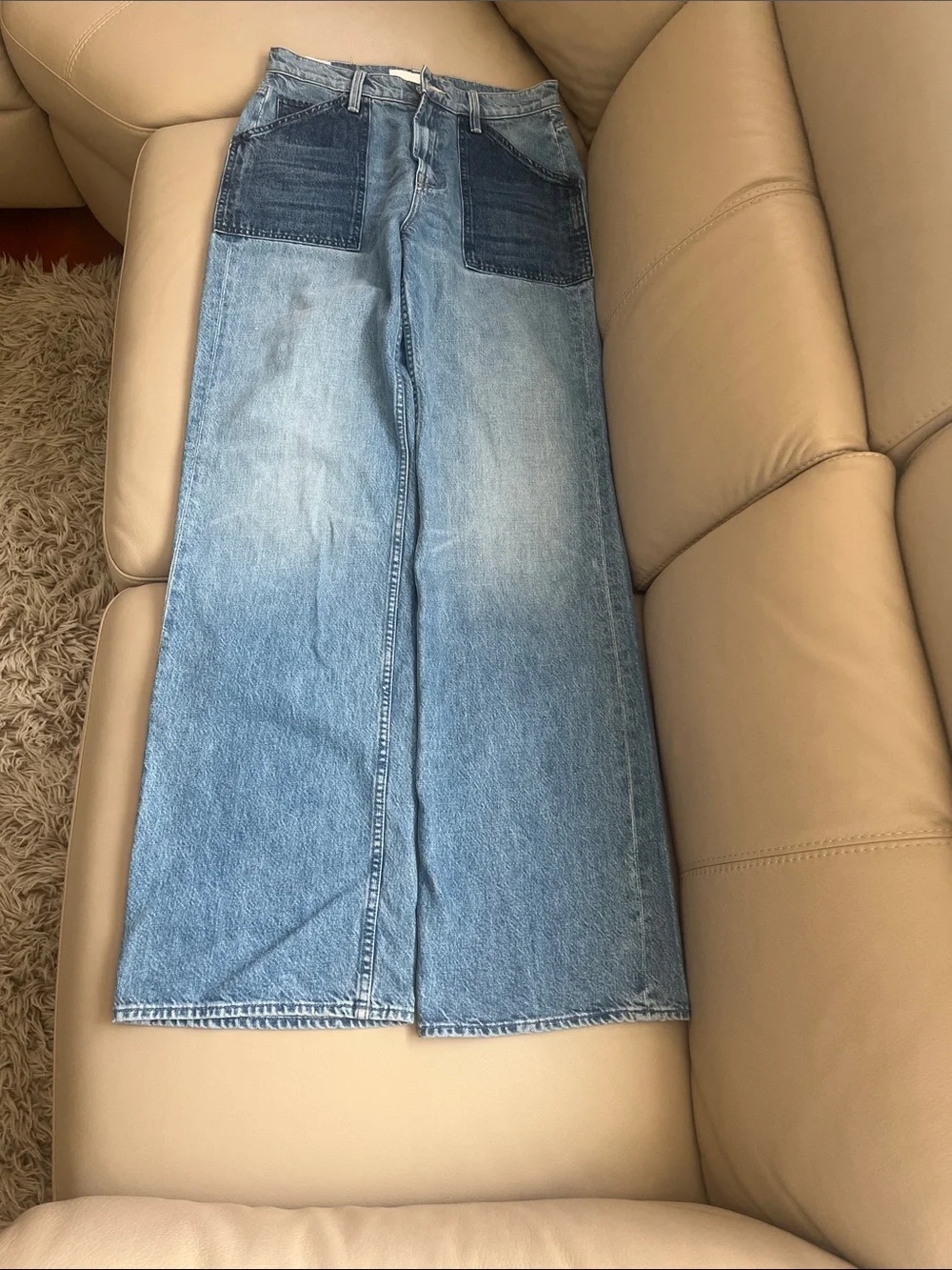 MOTHER Patch Maven Heel Light Blue Denim Jeans with Dark Waistband Detail